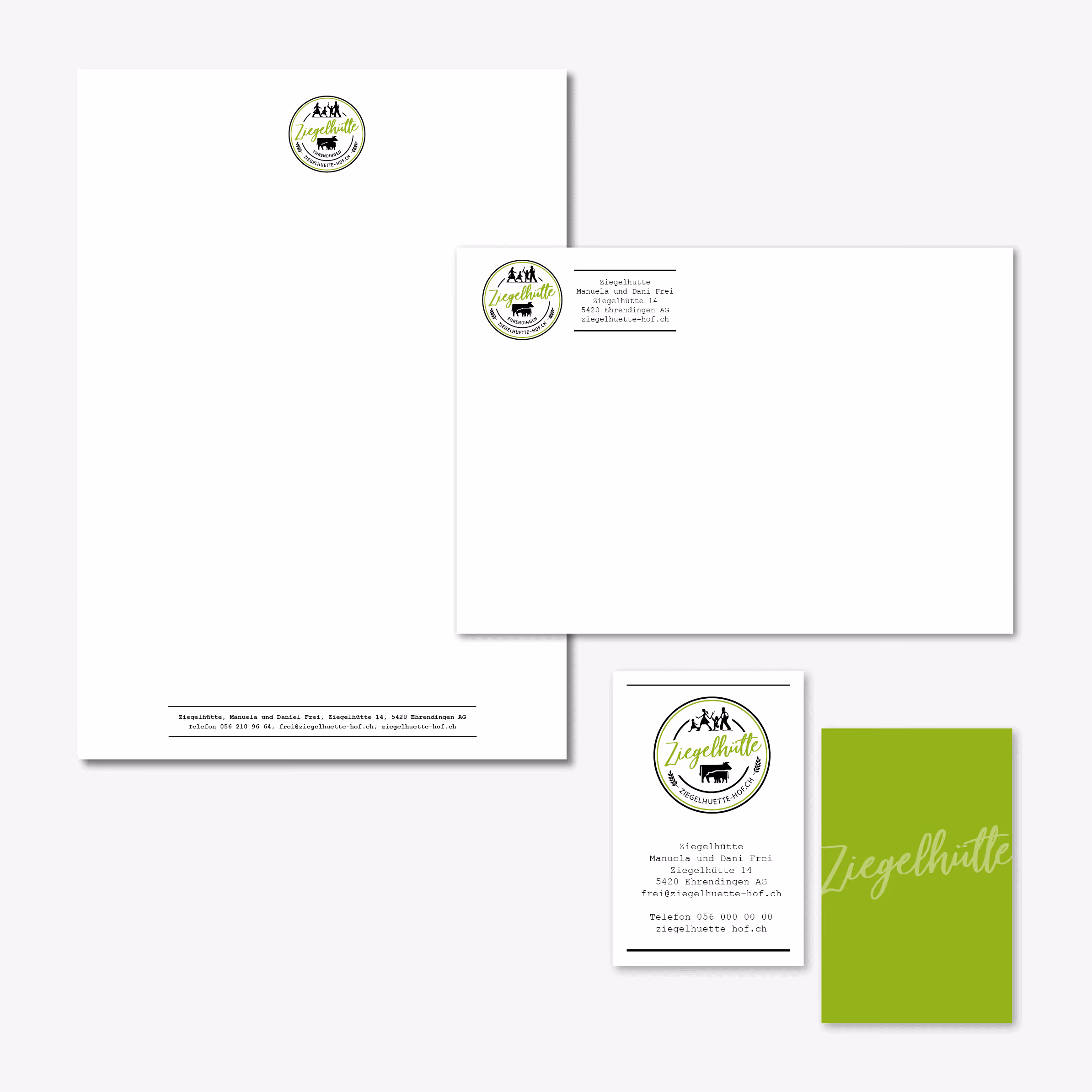 Bauernhof Ziegelhütte-Hof Ehrendingen: Logo, Briefschaft, Fleischverpackungs-Kleber und Website. Mensch, Tier und Hof in einem Auftritt.