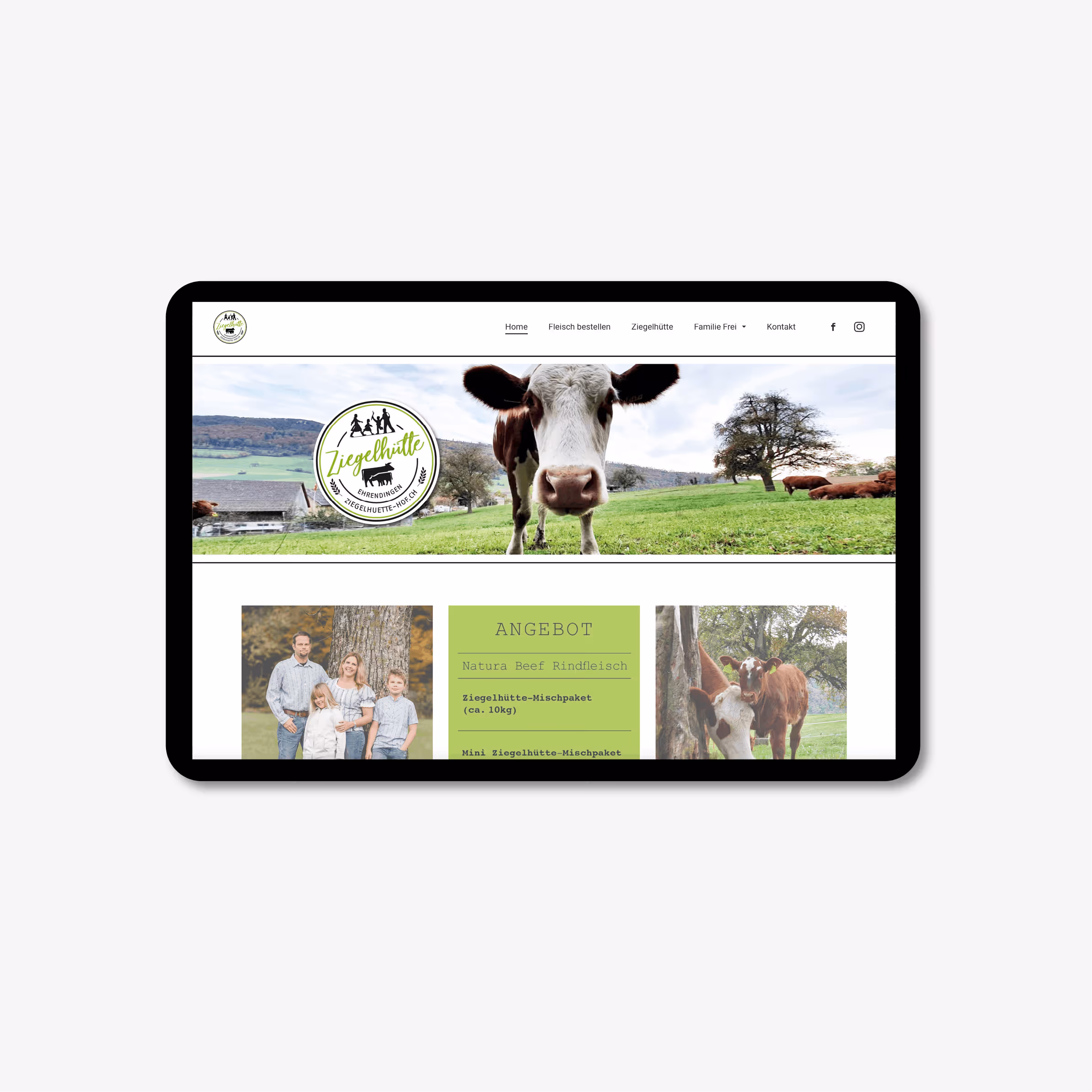 Bauernhof Ziegelhütte-Hof Ehrendingen: Logo, Briefschaft, Fleischverpackungs-Kleber und Website. Mensch, Tier und Hof in einem Auftritt.