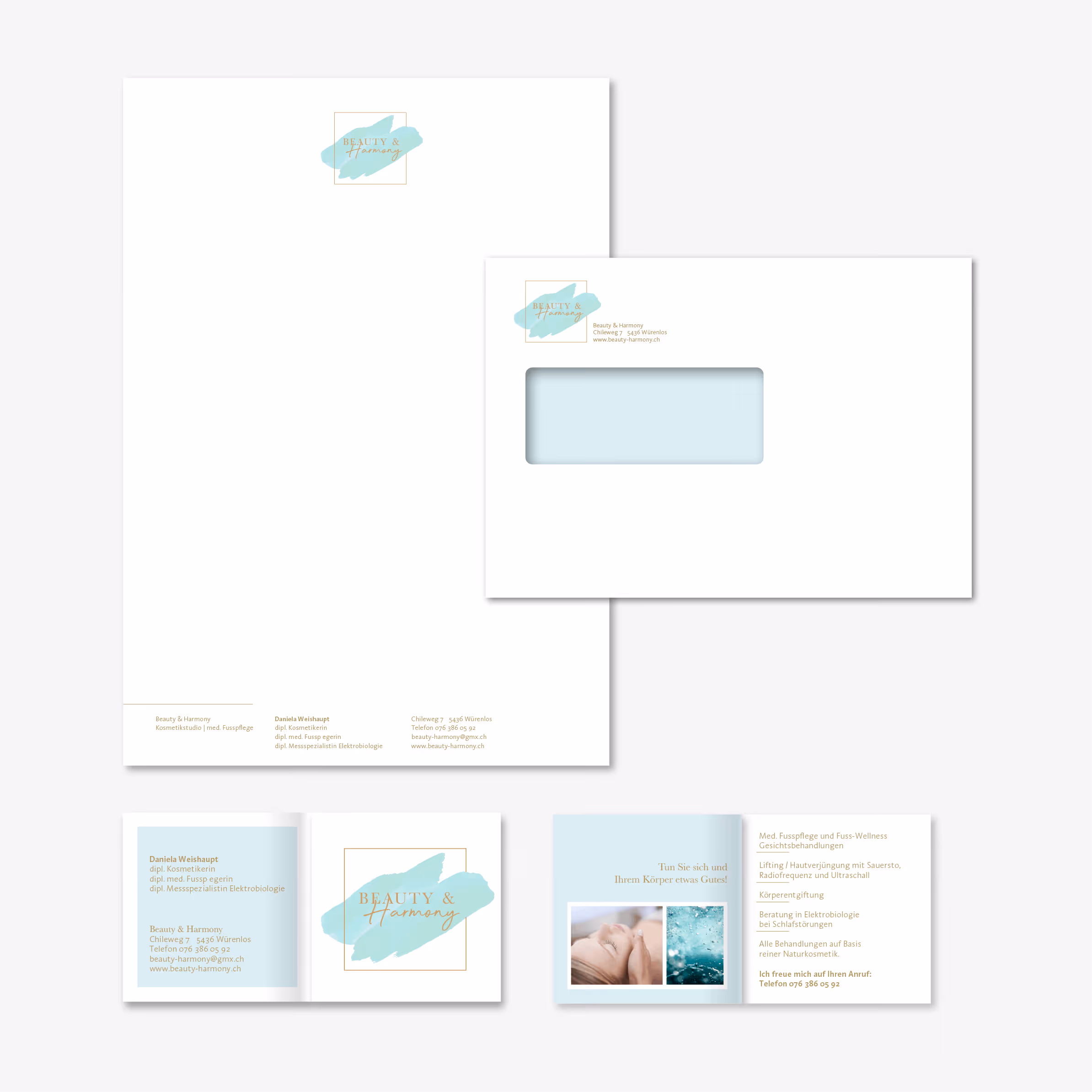 Beauty & Harmony in Baden: Elegantes Corporate Design für Kosmetikstudio – schlicht, edel und stilvoll. Flyer, Website und Visitenkarte.