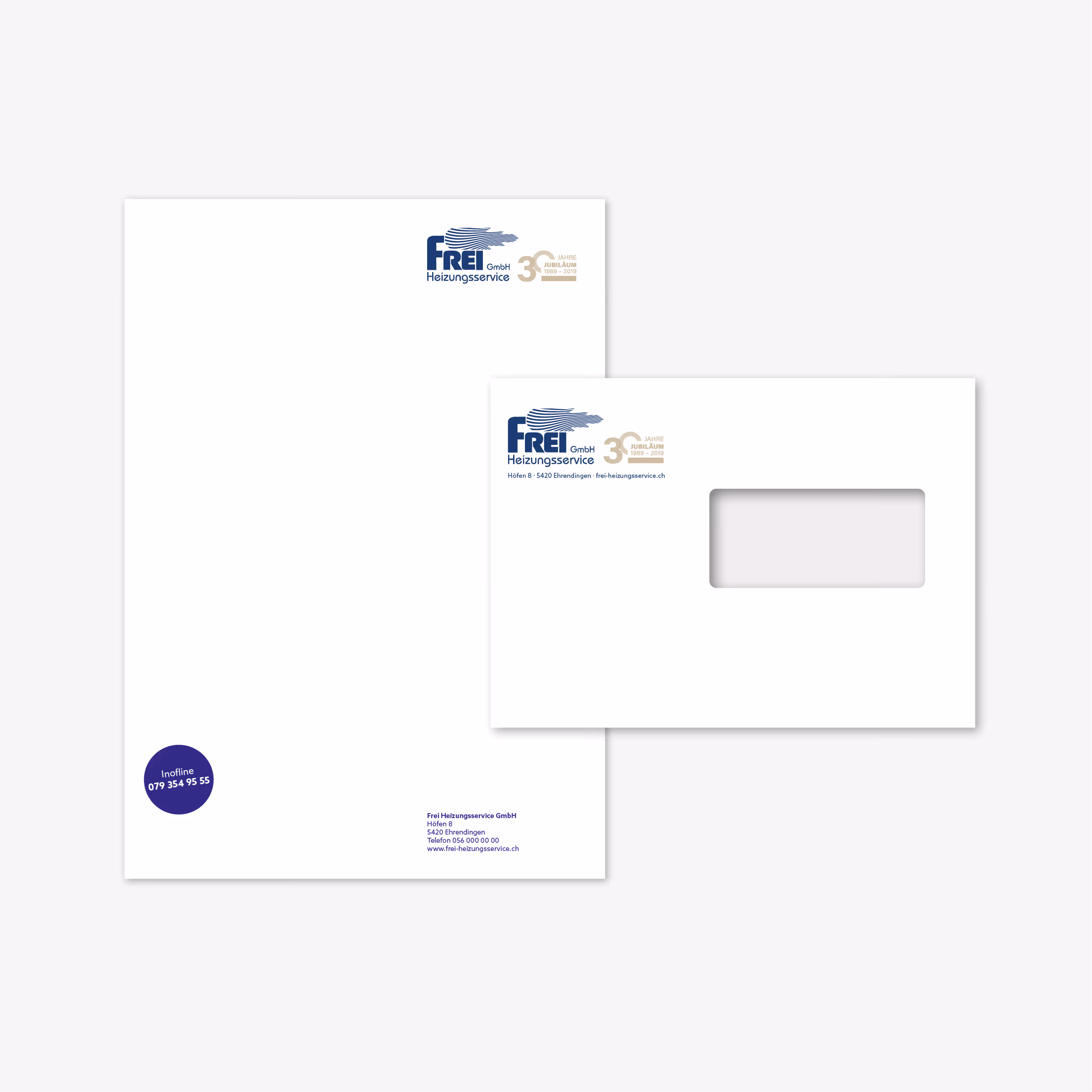 Frei Heizungsservice 30 Jahre: Goldenes Jubiläumslogo für Briefschaften, Banner, Website und T-Shirts. Kleiner Aufwand, grosse Wirkung.