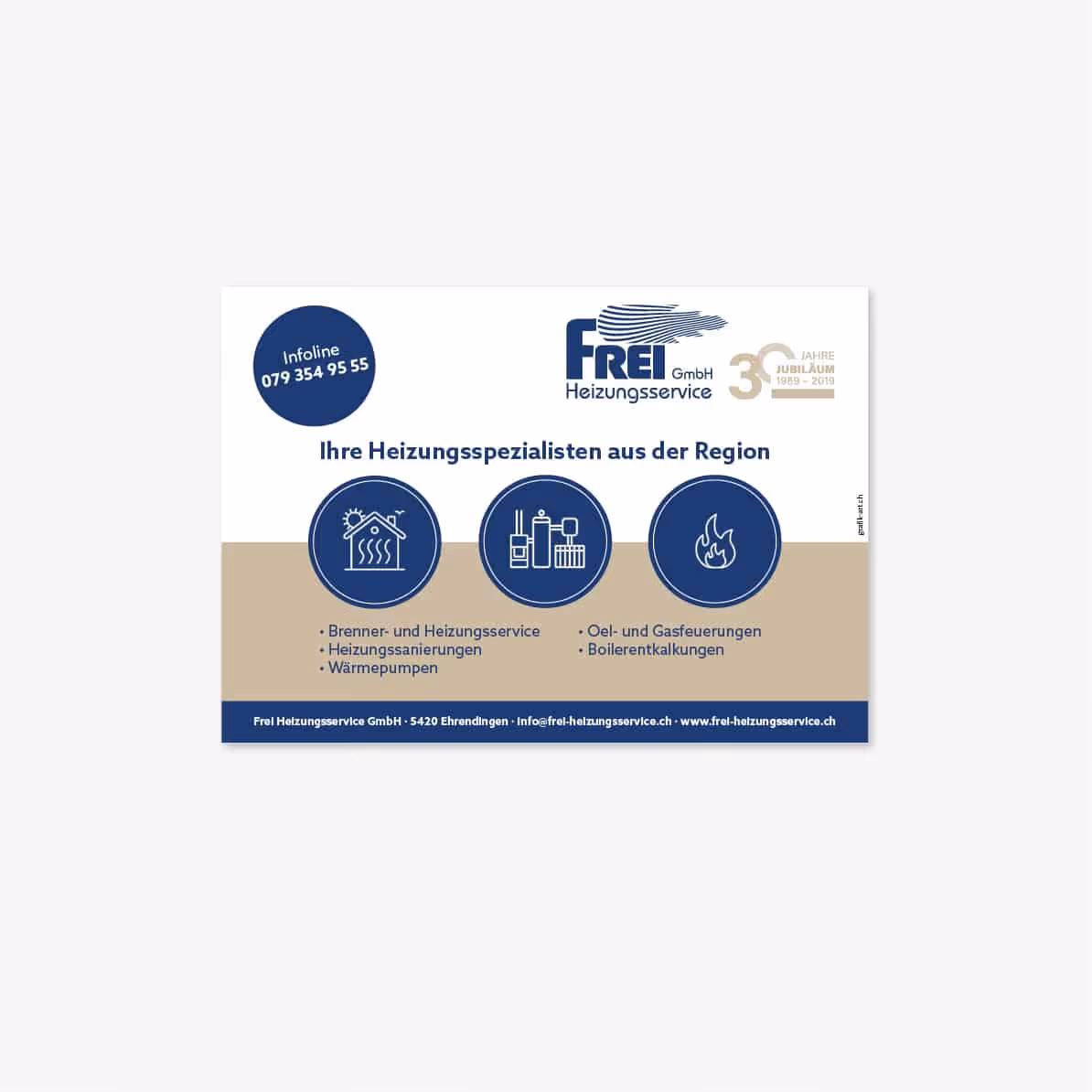 Frei Heizungsservice 30 Jahre: Goldenes Jubiläumslogo für Briefschaften, Banner, Website und T-Shirts. Kleiner Aufwand, grosse Wirkung.
