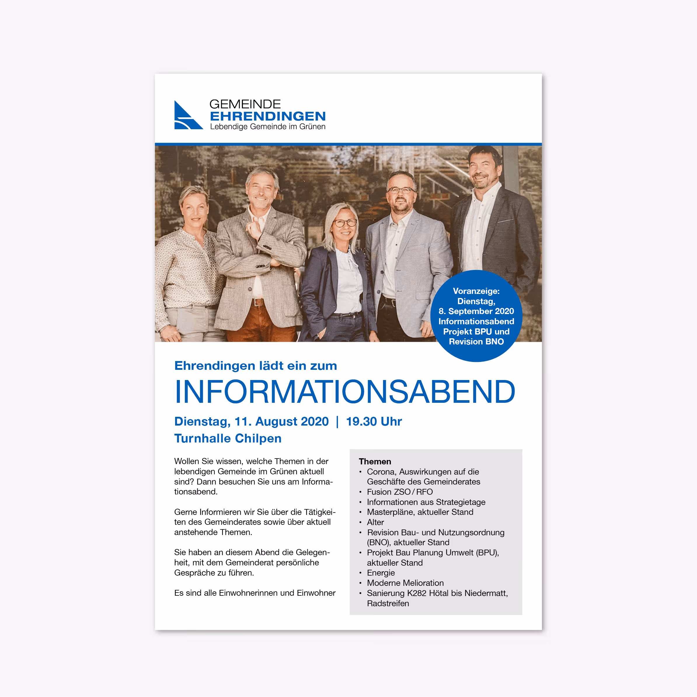 Gemeinde Ehrendingen: Klares, frisches Corporate Design für Website, Plakate, Einladungen und Abstimmungsbroschüren. Kommunikation aus einer Hand.