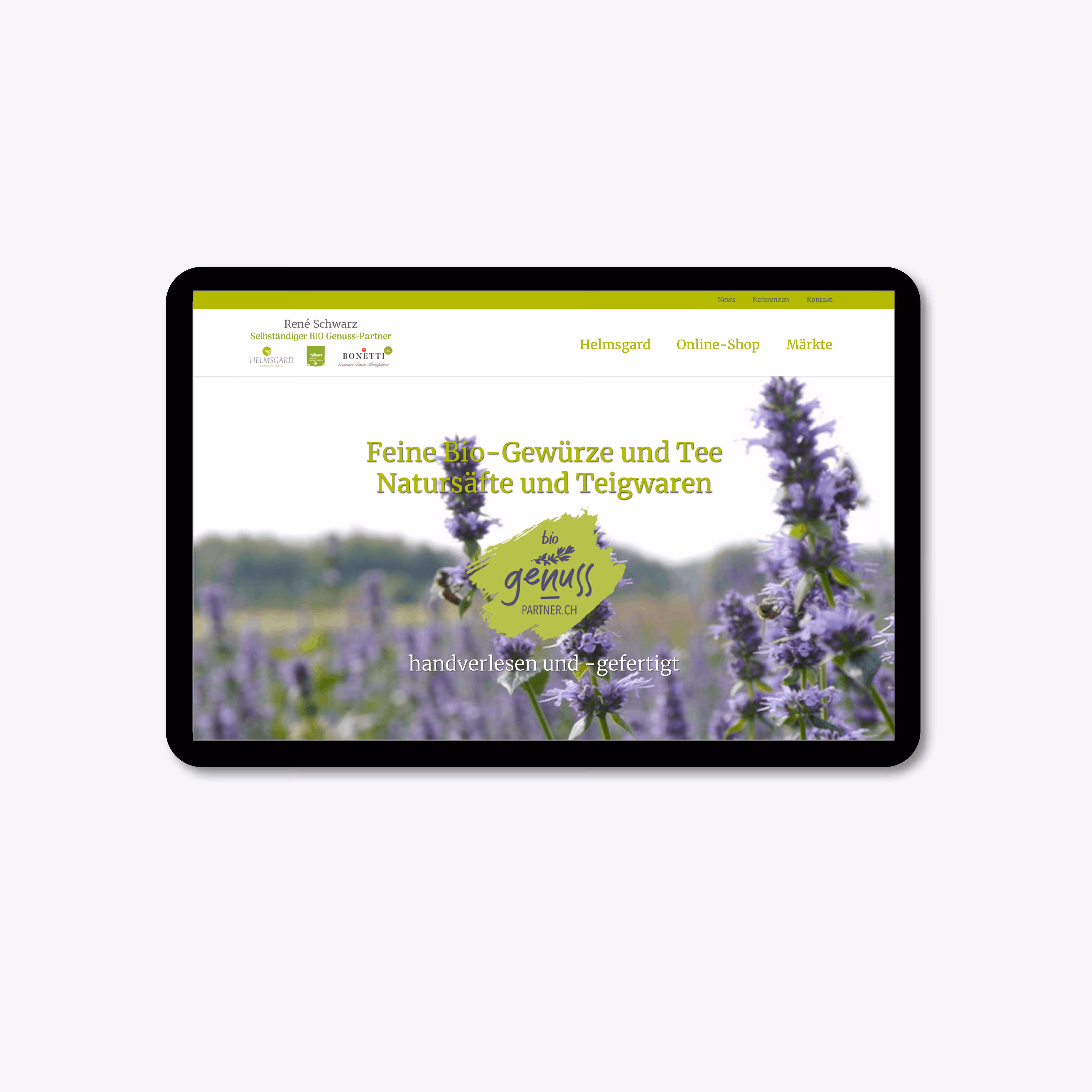 Logo, Etiketten und Markenauftritt für Genuss-Partner: prägnantes Design für Bio-Gewürze, Tee und Naturprodukte – gestaltet von Grafik-Art.