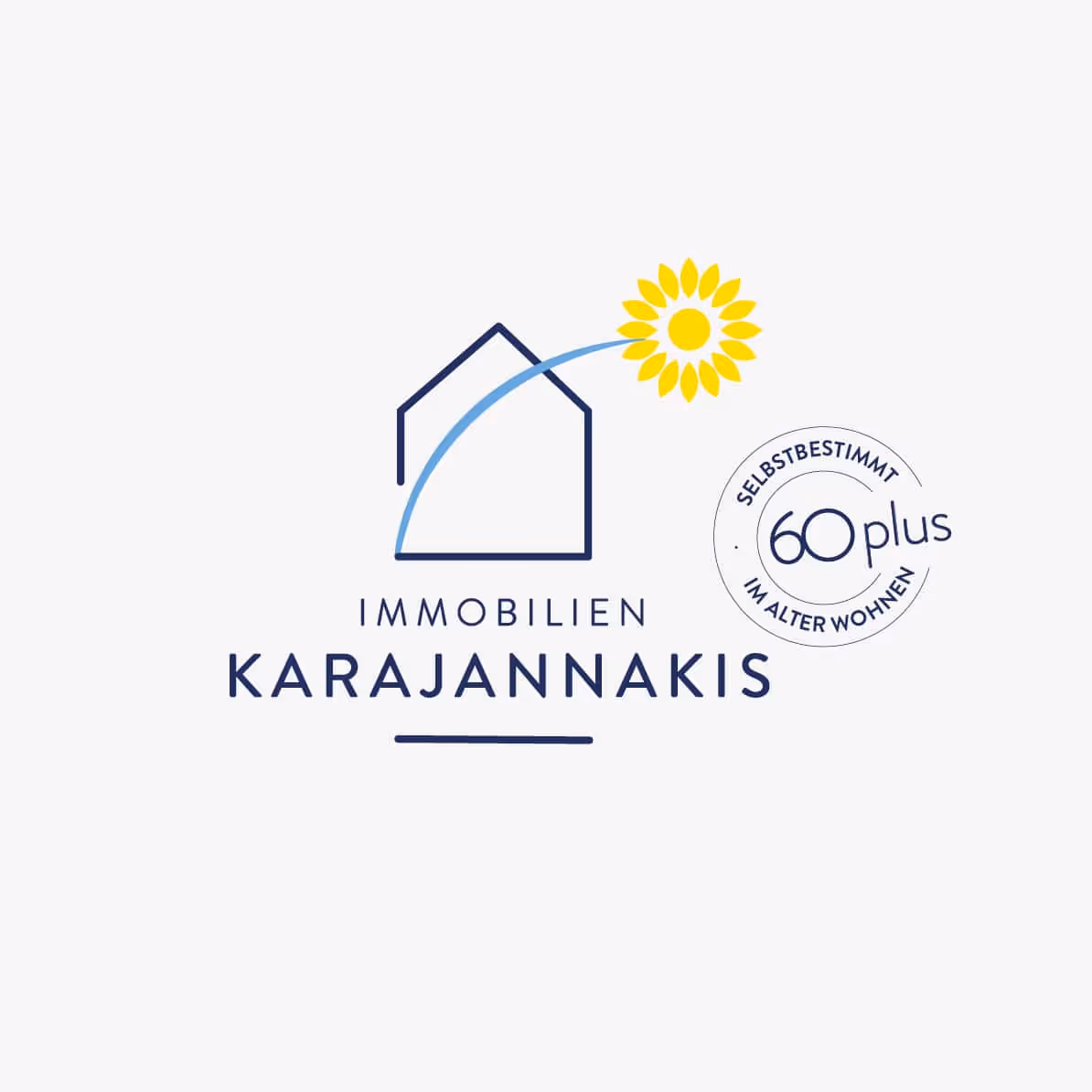 Immobilien Karajannakis: Sonnenblumen-Logo in Gelb und Blau, schlicht und seriös. Website, Flyer, Immobilien-Dokumentationen und Briefschaften.