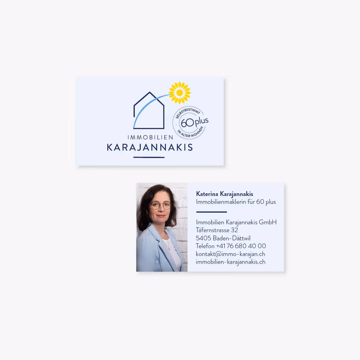 Immobilien Karajannakis: Sonnenblumen-Logo in Gelb und Blau, schlicht und seriös. Website, Flyer, Immobilien-Dokumentationen und Briefschaften.