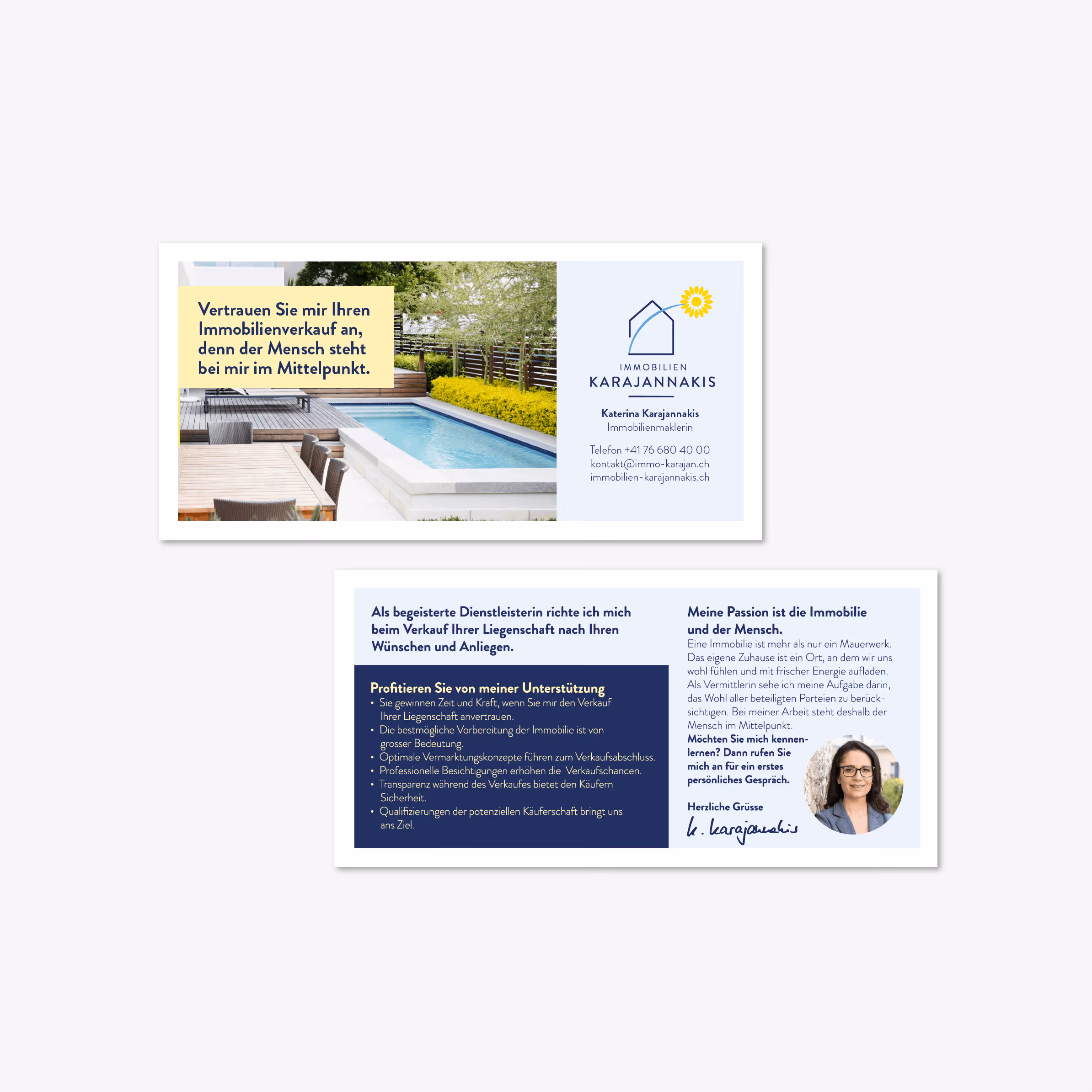Immobilien Karajannakis: Sonnenblumen-Logo in Gelb und Blau, schlicht und seriös. Website, Flyer, Immobilien-Dokumentationen und Briefschaften.