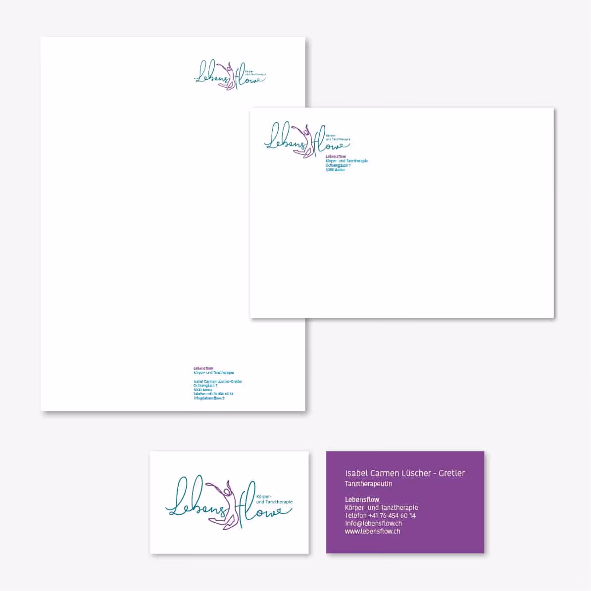 Lebensflow in Aarau: Branding für Körper- und Tanztherapie mit kraftvollem Logo, Website und Briefschaften. Bewege deine Kraft.