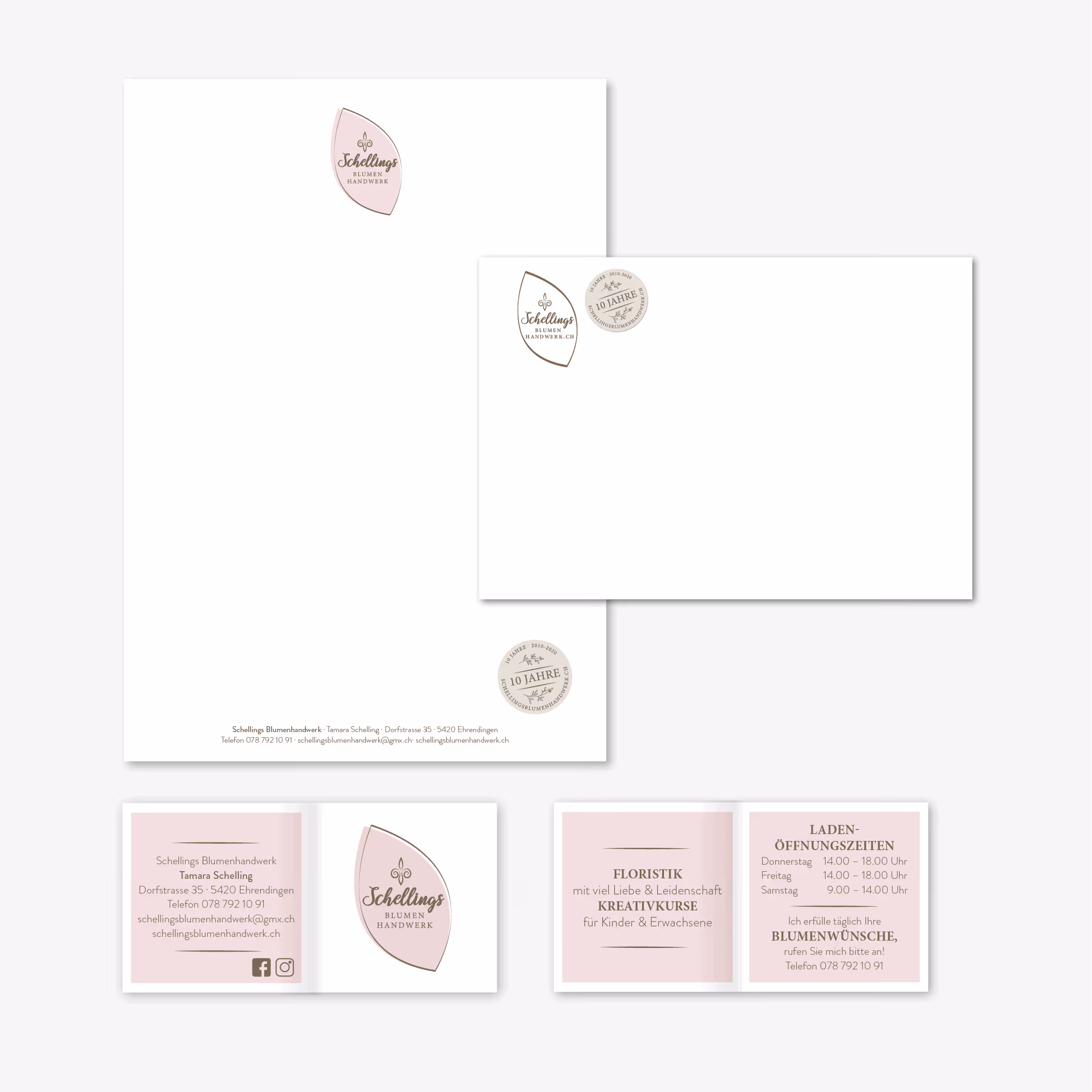 Schellings Blumenhandwerk Ehrendingen: 10 Jahre Jubiläum mit neuem Logo, Corporate Design, Flyer und Website. Blumen mit Persönlichkeit.