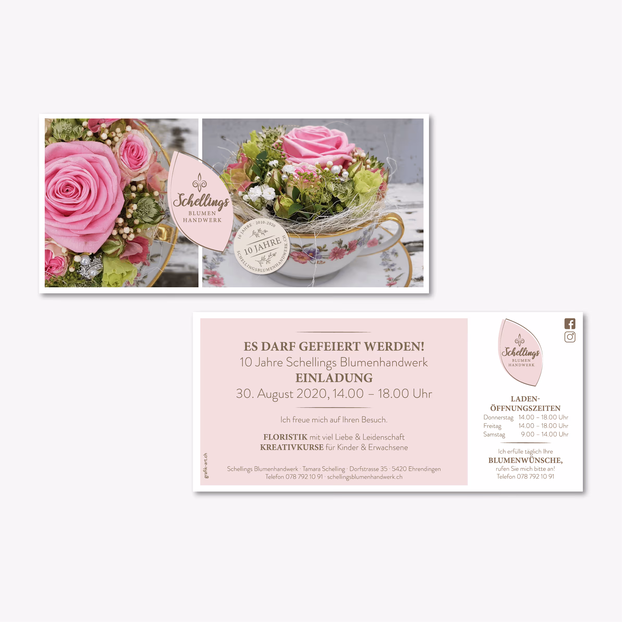 Schellings Blumenhandwerk Ehrendingen: 10 Jahre Jubiläum mit neuem Logo, Corporate Design, Flyer und Website. Blumen mit Persönlichkeit.