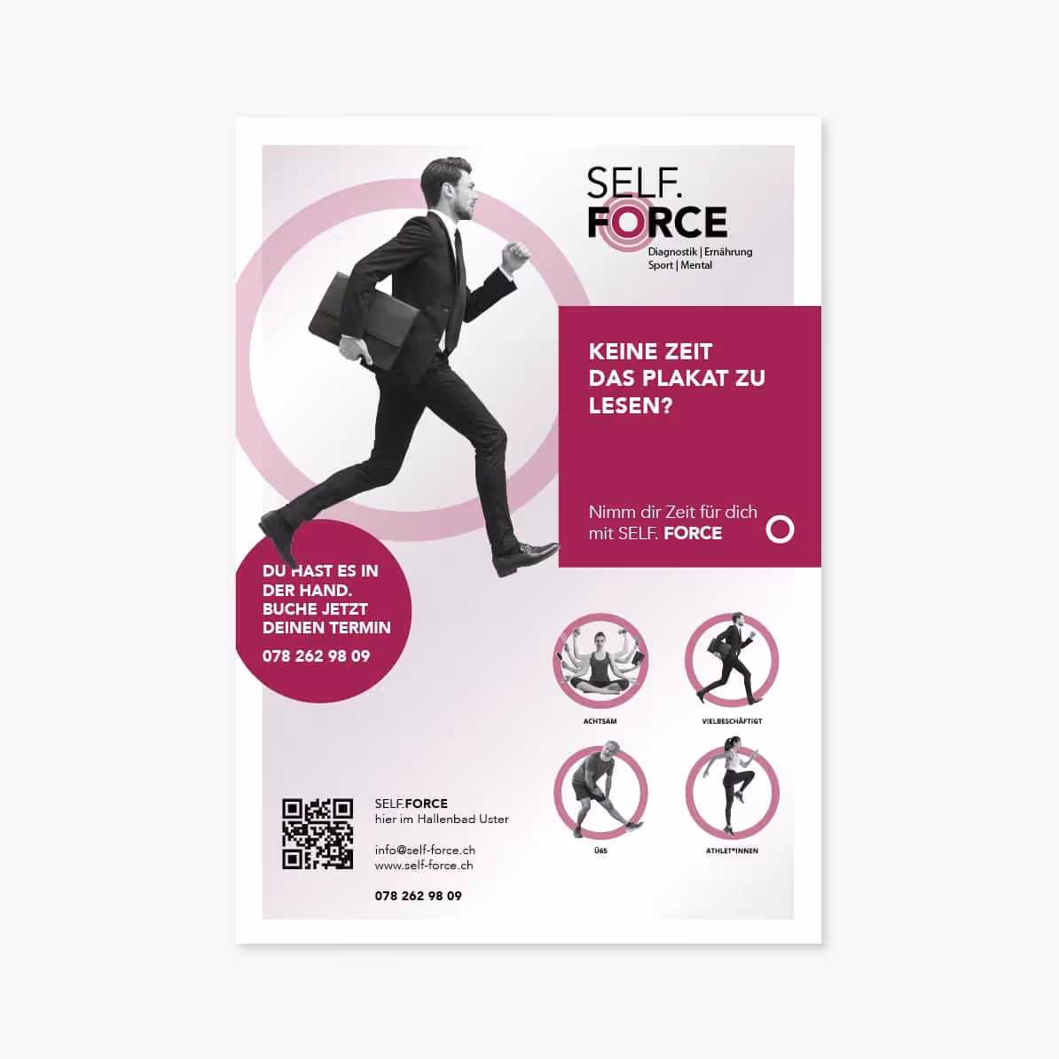 SELF.FORCE Romina Ghisoni in Uster: Dynamisches Branding für Personal Training, Ernährung und Coaching. Logo, Website, Flyer in vollen Farben.