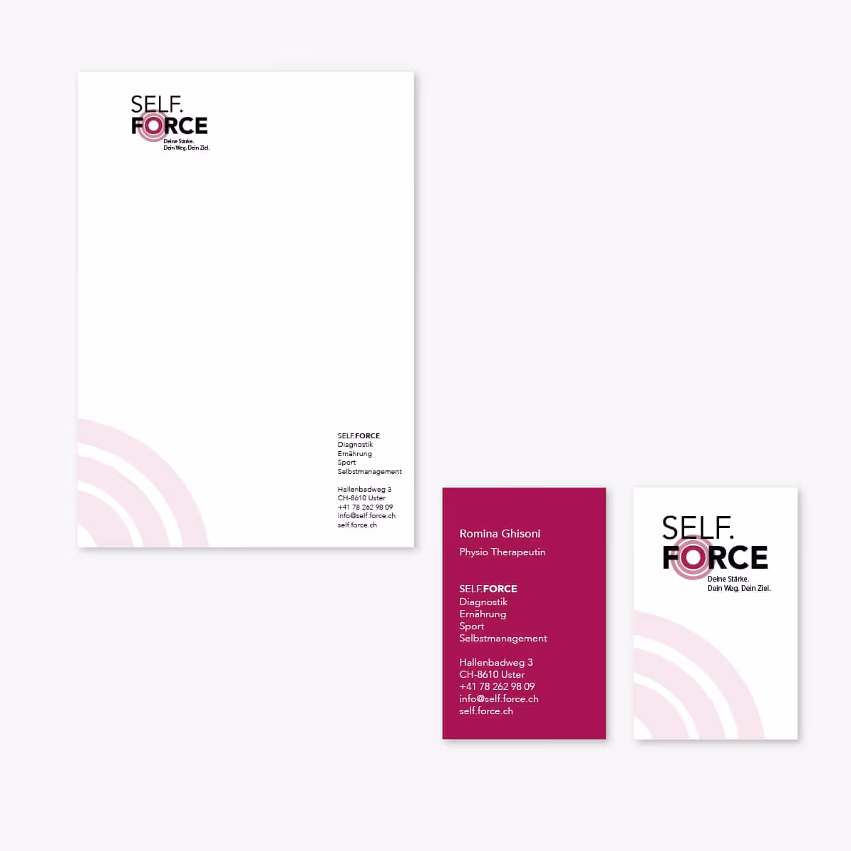 SELF.FORCE Romina Ghisoni in Uster: Dynamisches Branding für Personal Training, Ernährung und Coaching. Logo, Website, Flyer in vollen Farben.