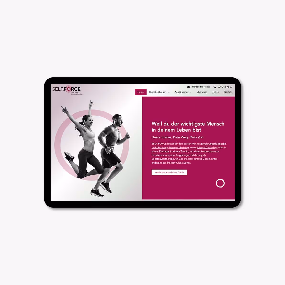 SELF.FORCE Romina Ghisoni in Uster: Dynamisches Branding für Personal Training, Ernährung und Coaching. Logo, Website, Flyer in vollen Farben.