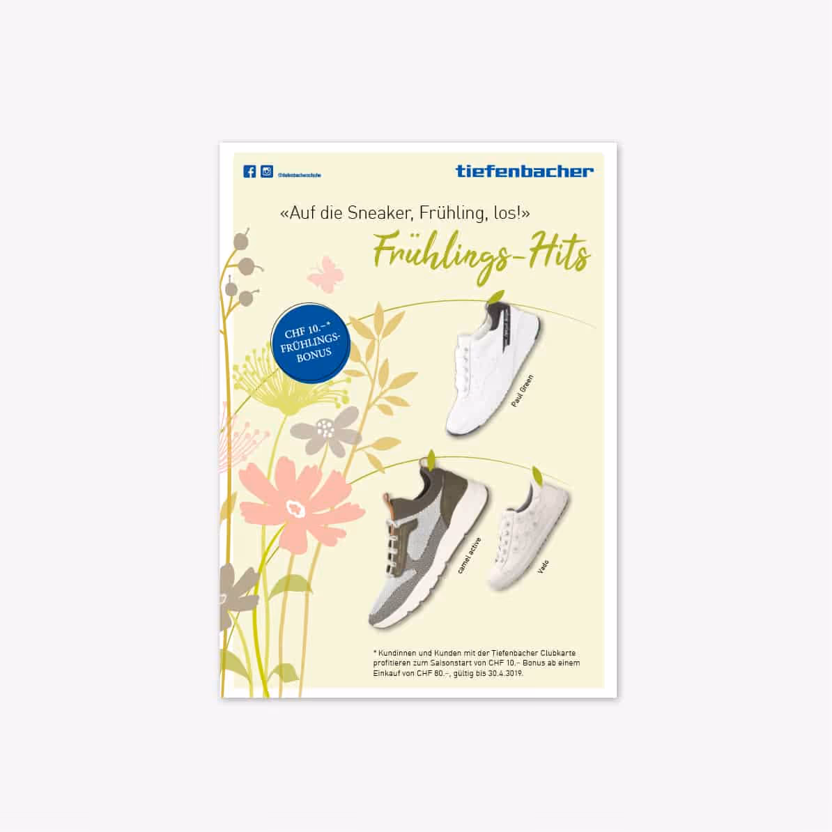 Tiefenbacher Schuhe Saison Mailing 2021: Branding-Konzept rund ums Jubiläum mit Mailing, Deko und Website. 100 Jahre Schuhgeschichte erlebbar.
