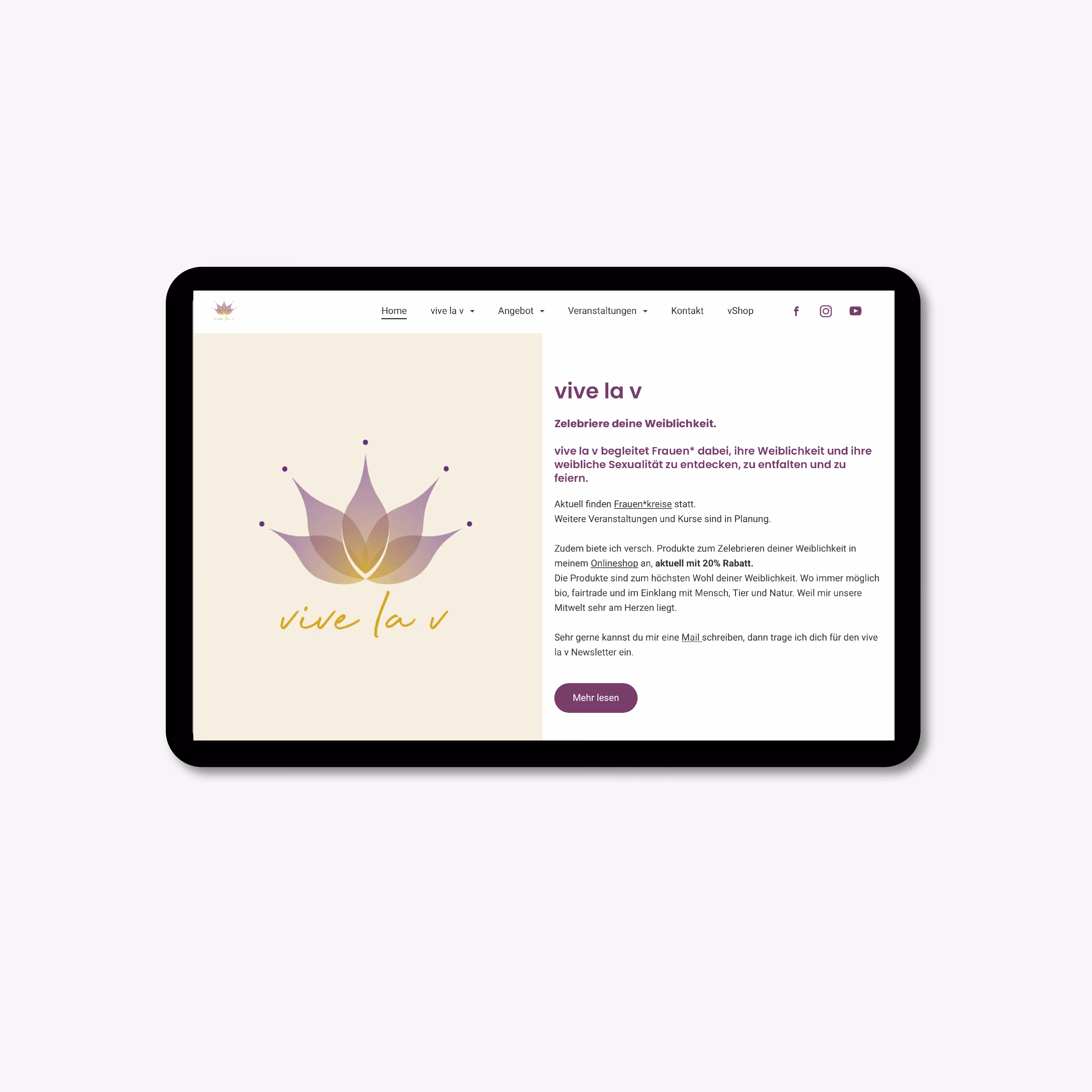 Vive la V: Sinnliches Corporate Design für weibliche Sexualität – Lotosblüten-Logo, Website, Plakat und Etiketten in Rosa und Senfgelb.