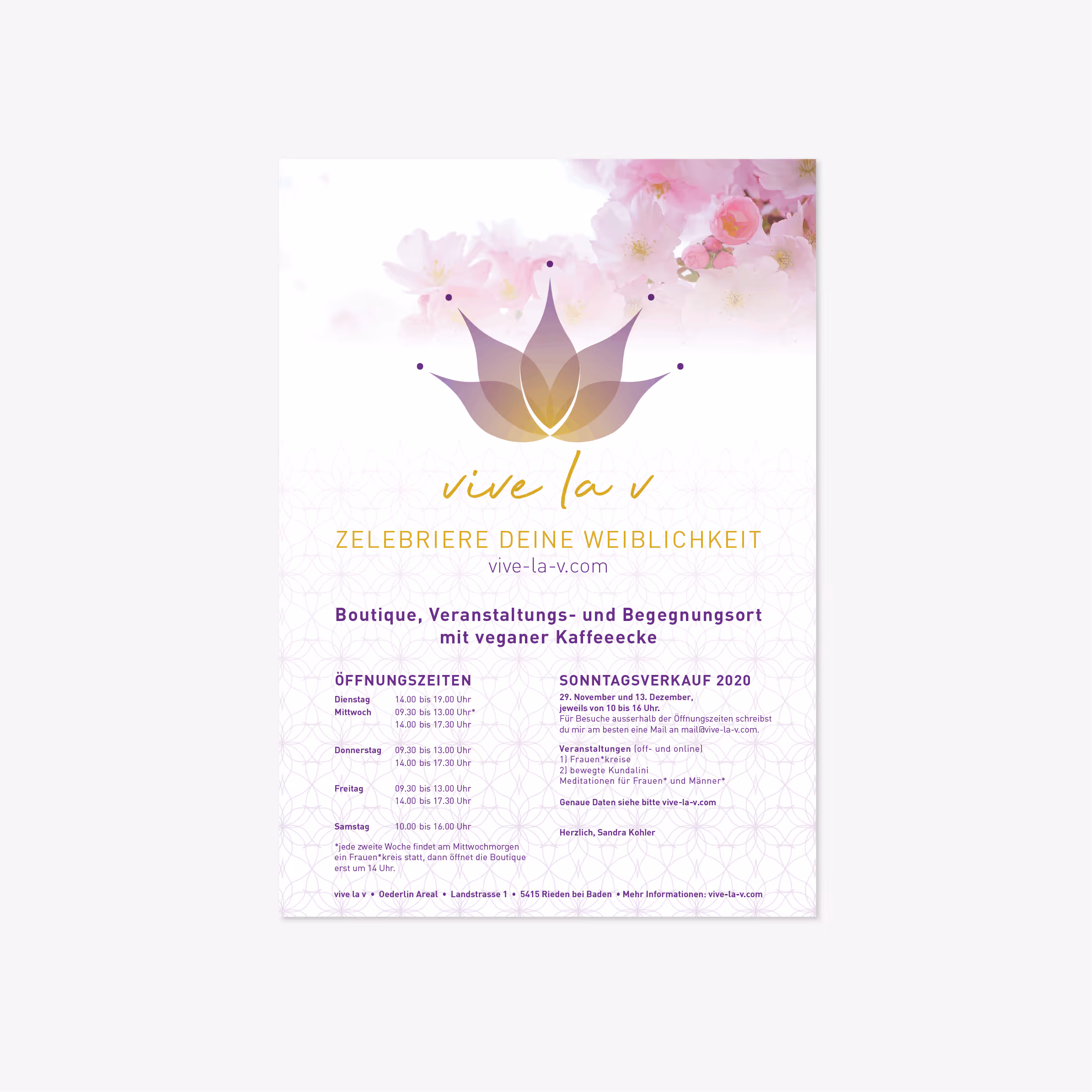 Vive la V: Sinnliches Corporate Design für weibliche Sexualität – Lotosblüten-Logo, Website, Plakat und Etiketten in Rosa und Senfgelb.