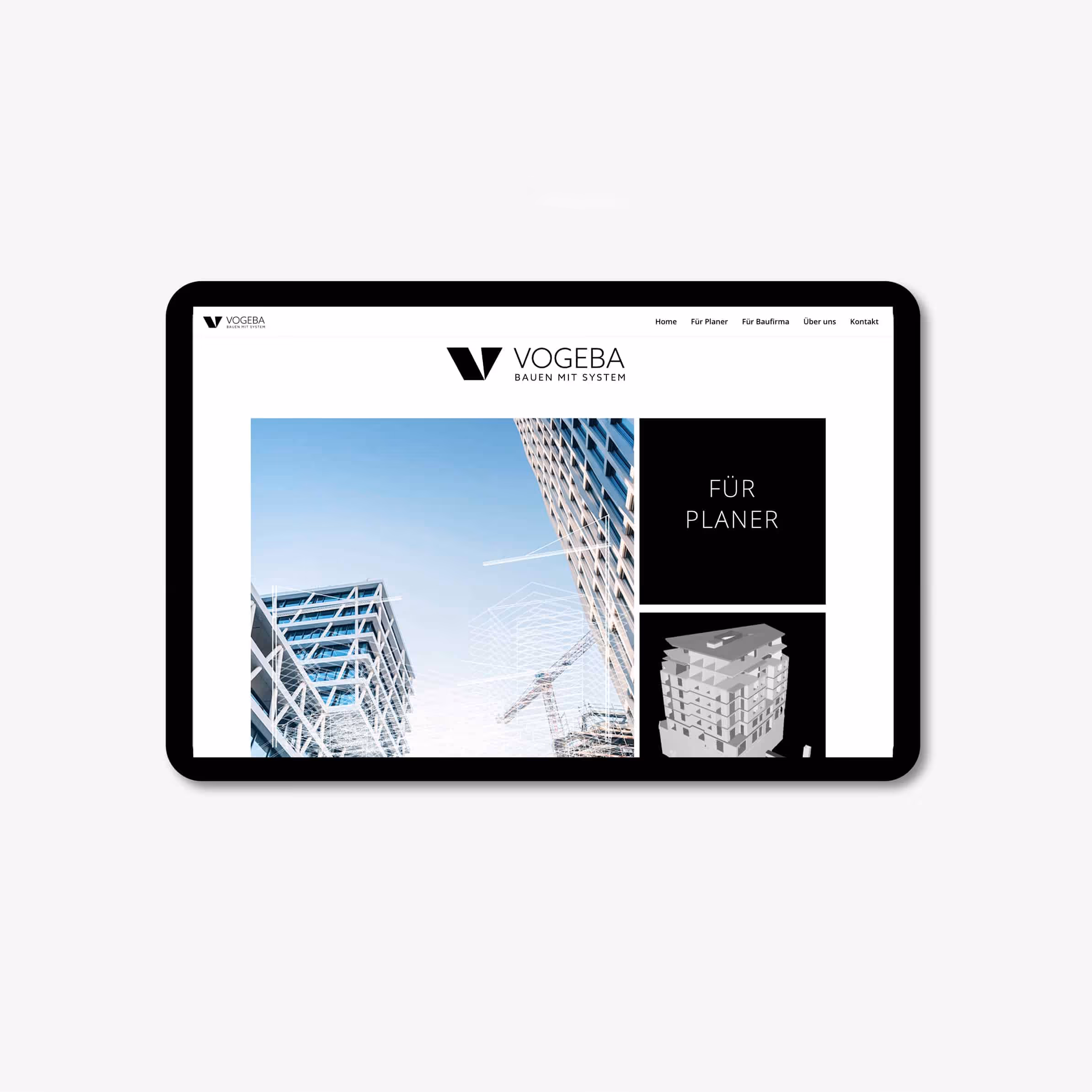 Vogeba Bauen mit System: Prägnantes Logo, klare Bildsprache, eigenständige Corporate Identity. Briefpapier, Visitenkarte und Website im Hochbau-Stil.