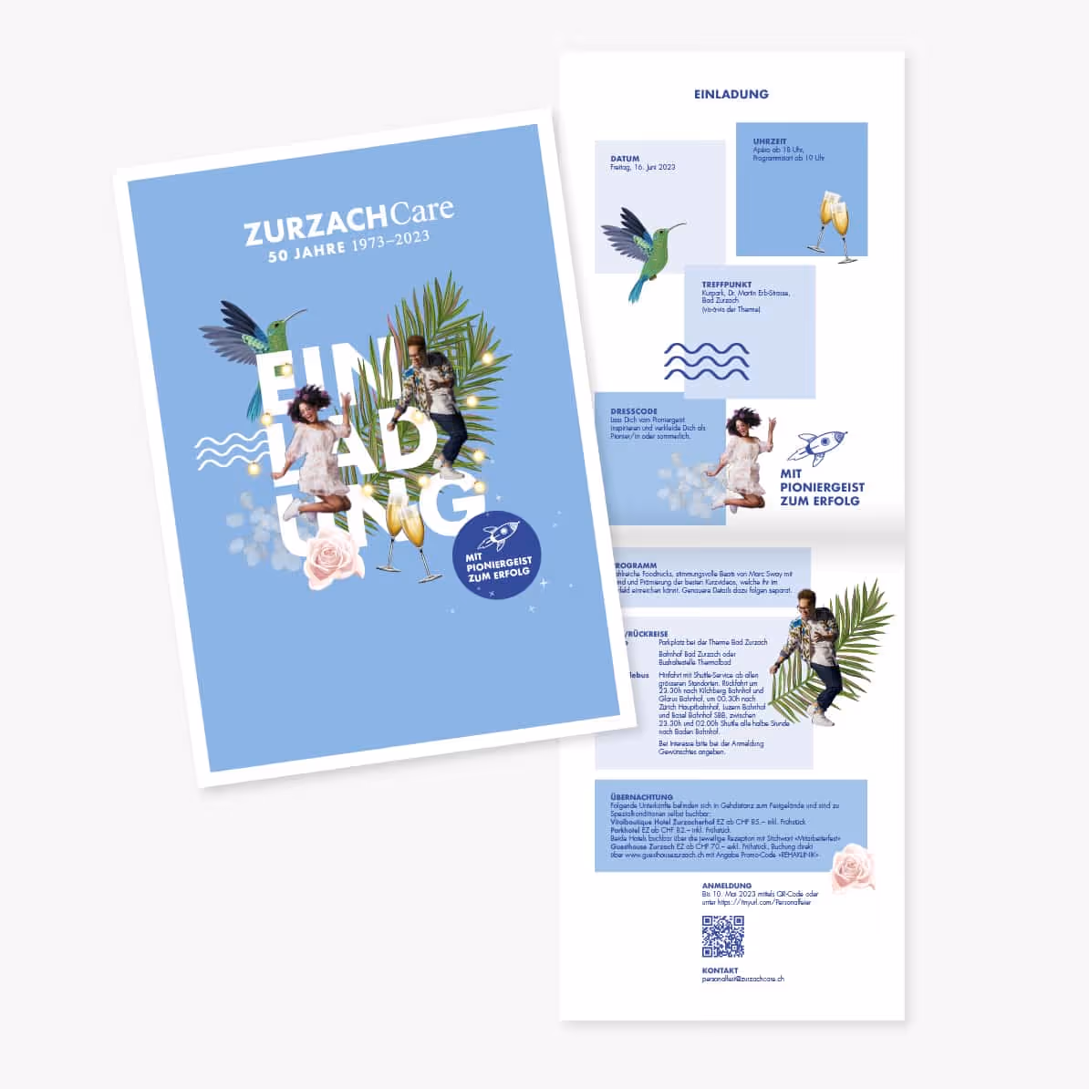 ZurzachCare BGM-Kampagne: Broschüre, Aktivkarten und Jubiläumseinladung für 50 Jahre. Komplexe Inhalte einfach mit Icons und Grafiken.
