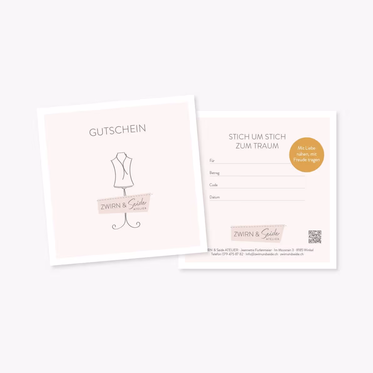 Zwirn & Seide Nähatelier bei Bülach: Eleganter Auftritt in Ocker und Rosa mit Website, Visitenkarten und Gutscheinen. Stich um Stich zum Traum.