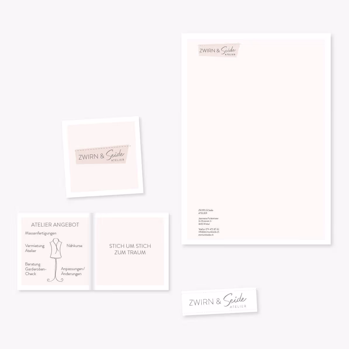 Zwirn & Seide Nähatelier bei Bülach: Eleganter Auftritt in Ocker und Rosa mit Website, Visitenkarten und Gutscheinen. Stich um Stich zum Traum.