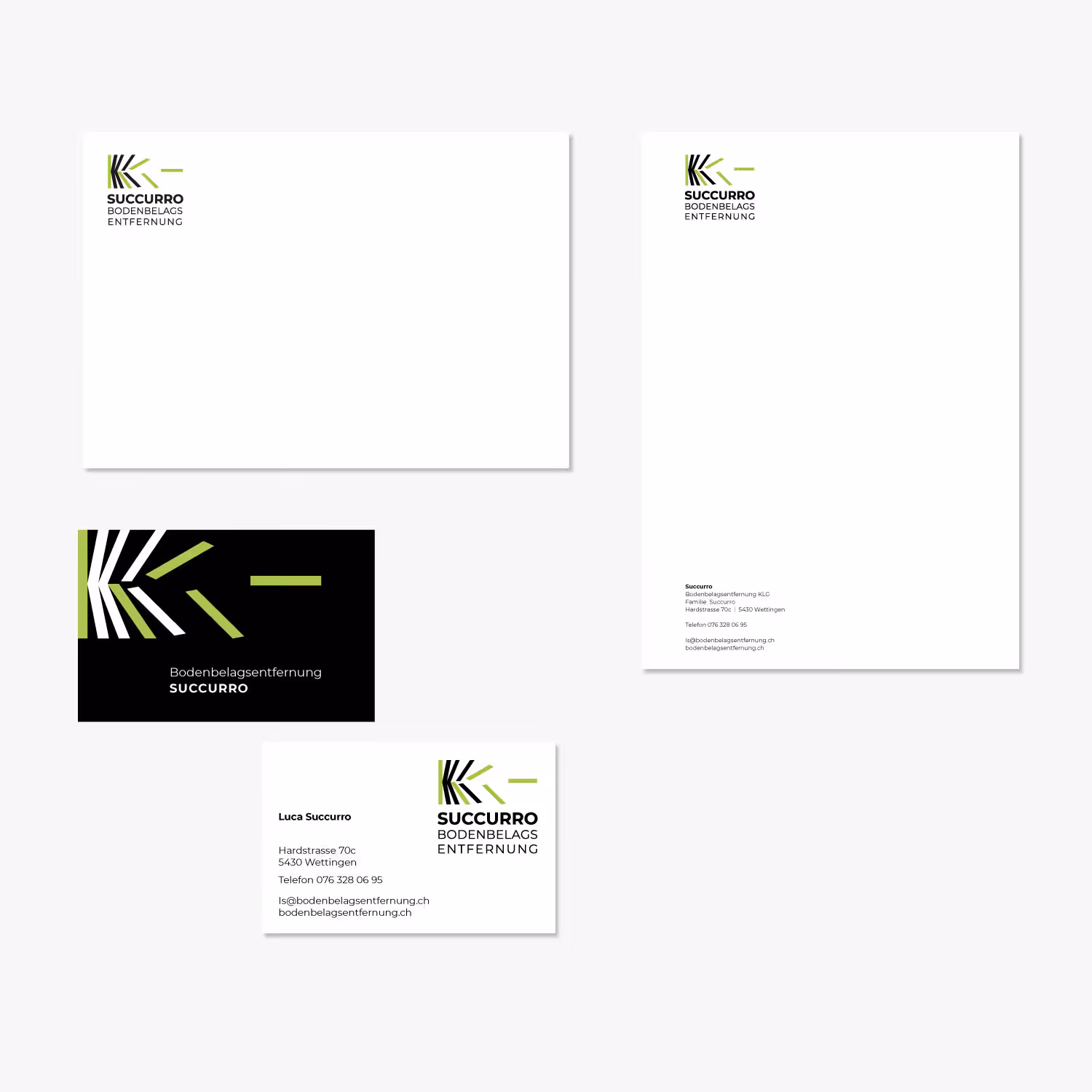 Succurro Bodenbelagsentfernung: Dynamisches Branding in Schwarz und Grün – Logo, Firmenshirts und Autobeschriftung mit hohem Wiedererkennungswert.