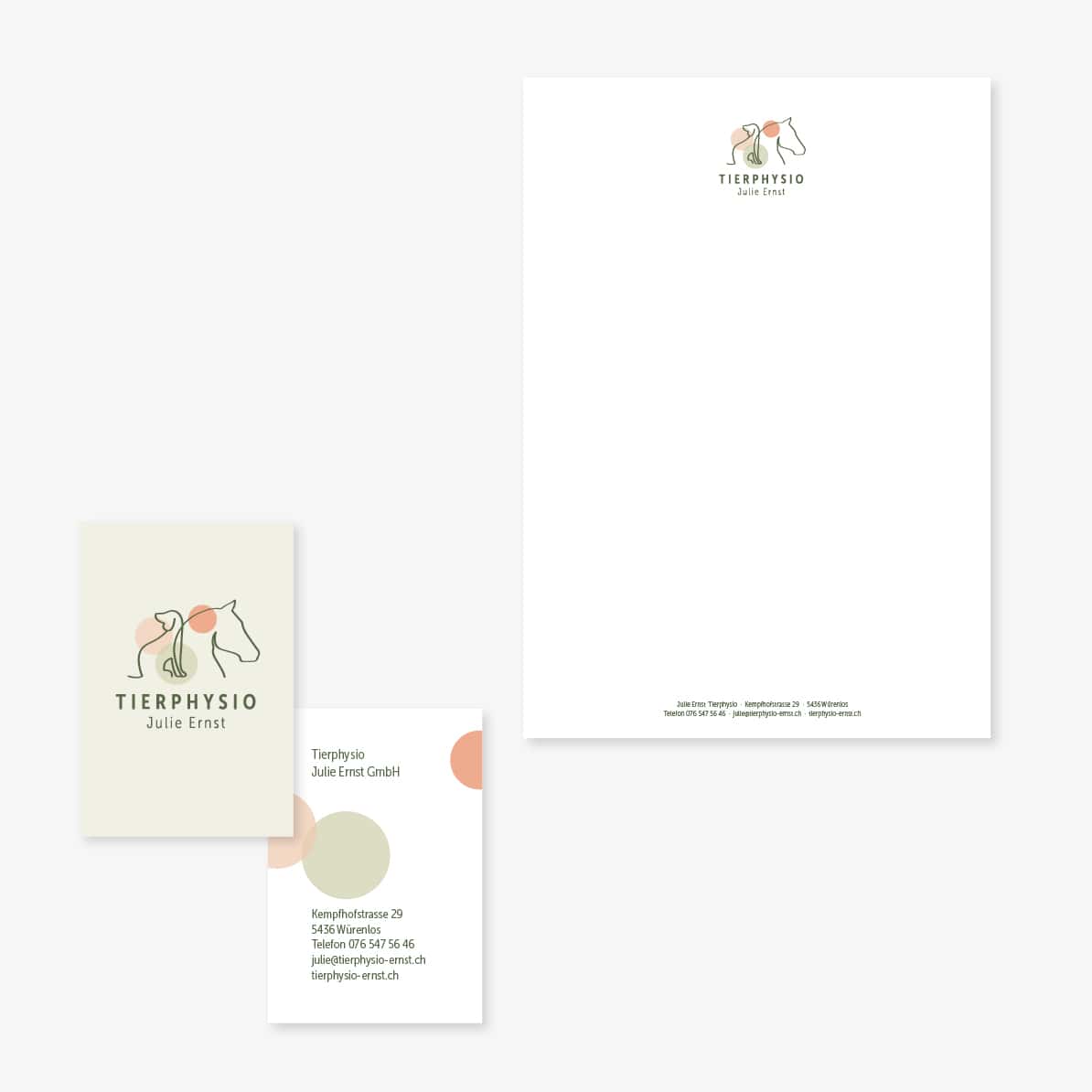 Visitenkarten- und Briefschaften-Design für Tierphysio Julie Ernst