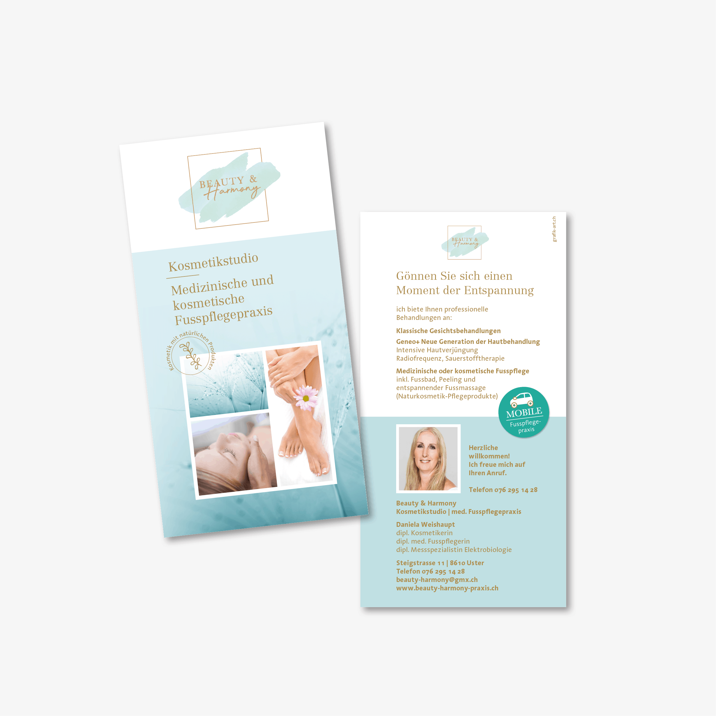 Grafikdesign für Beauty & Harmony – Werbemittel in der finalen Umsetzung