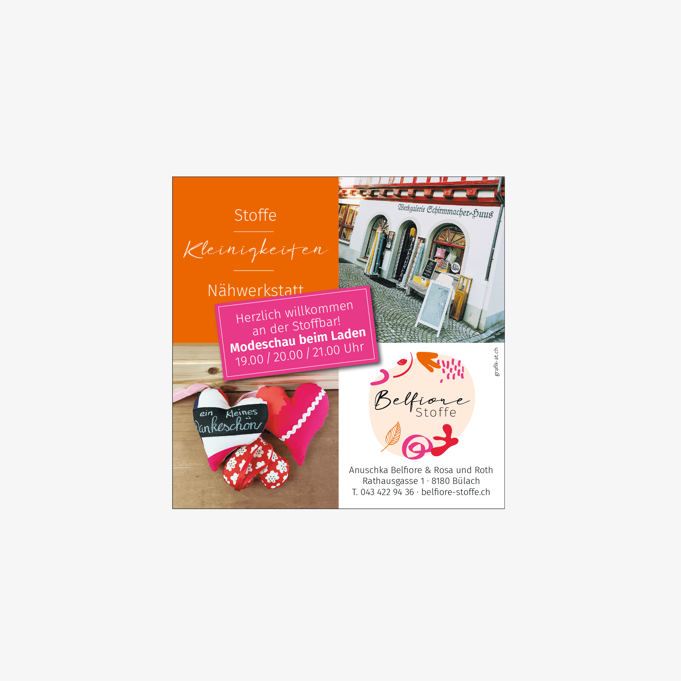 Flyer- & Mailing-Design für Belfiore Stoffe – Faltblatt mit aufgeschlagenen Innenseiten