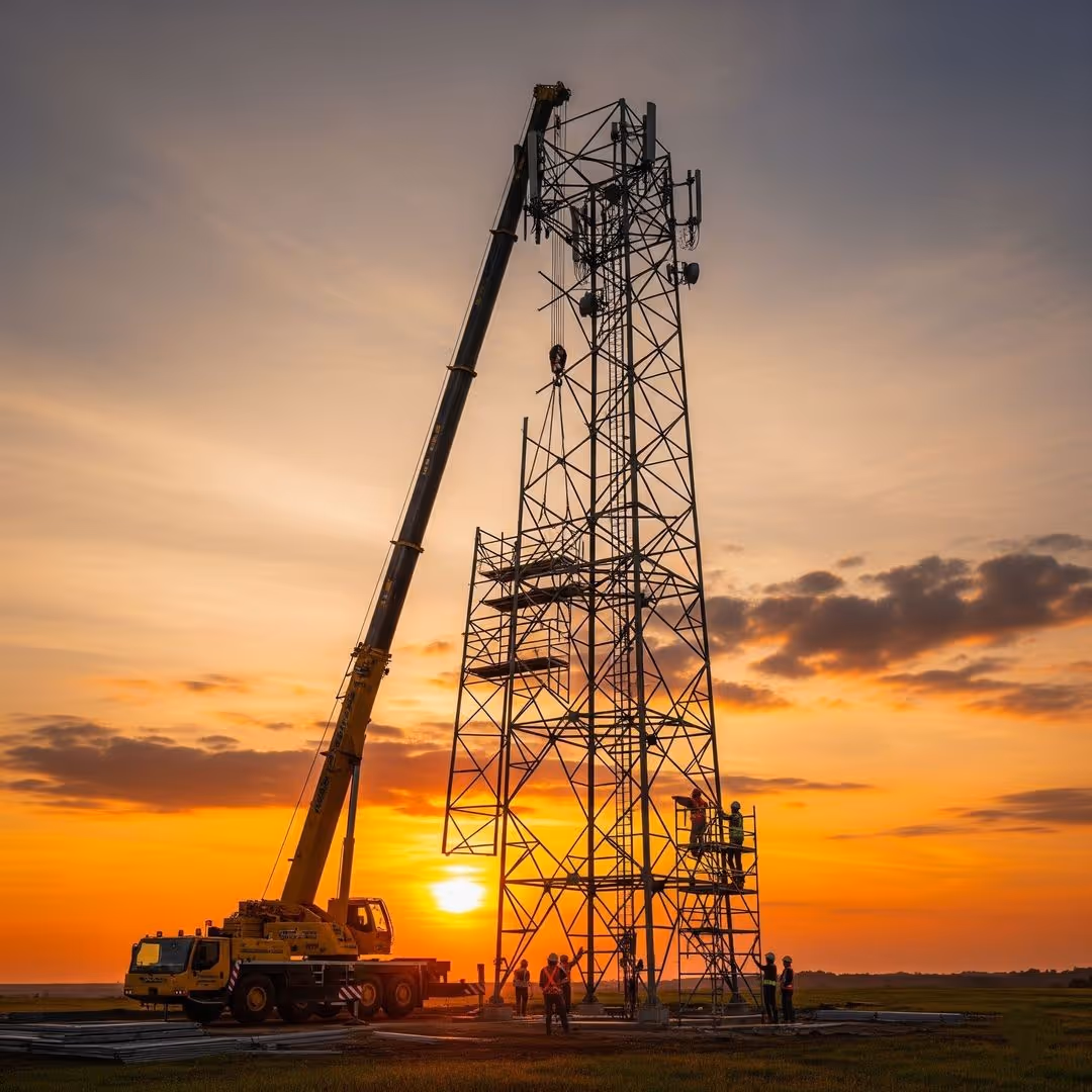 Workers assembling a large metal communication tower using a crane during a sunset.