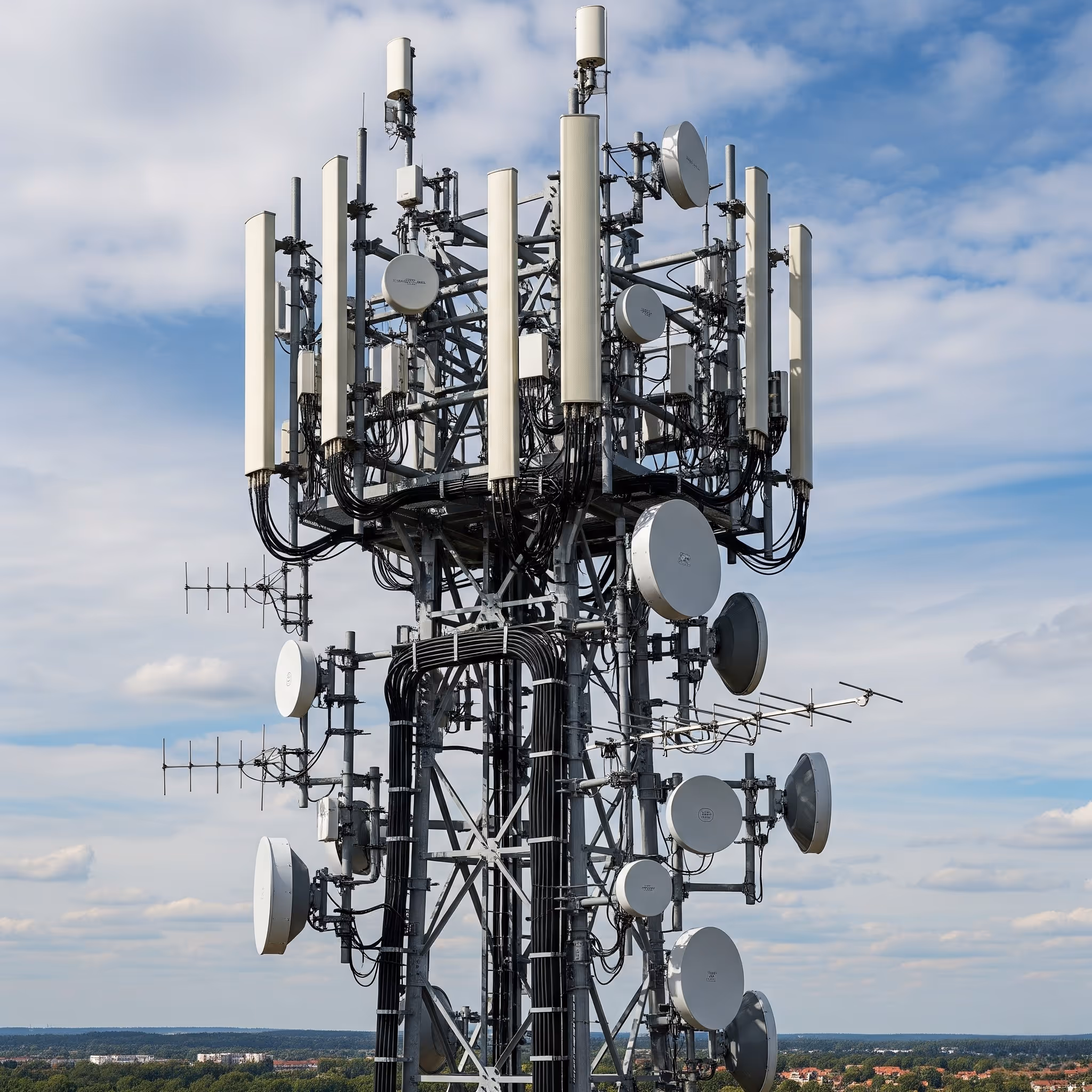 Close-up of a tall cellular communication tower with multiple antennas and dishes against a partly cloudy sky.