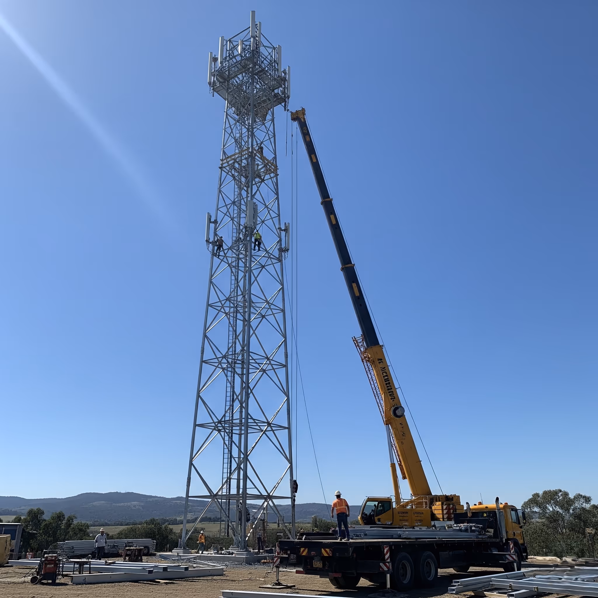 Workers in safety gear assembling a large metal telecommunications tower with a crane under a clear blue sky.