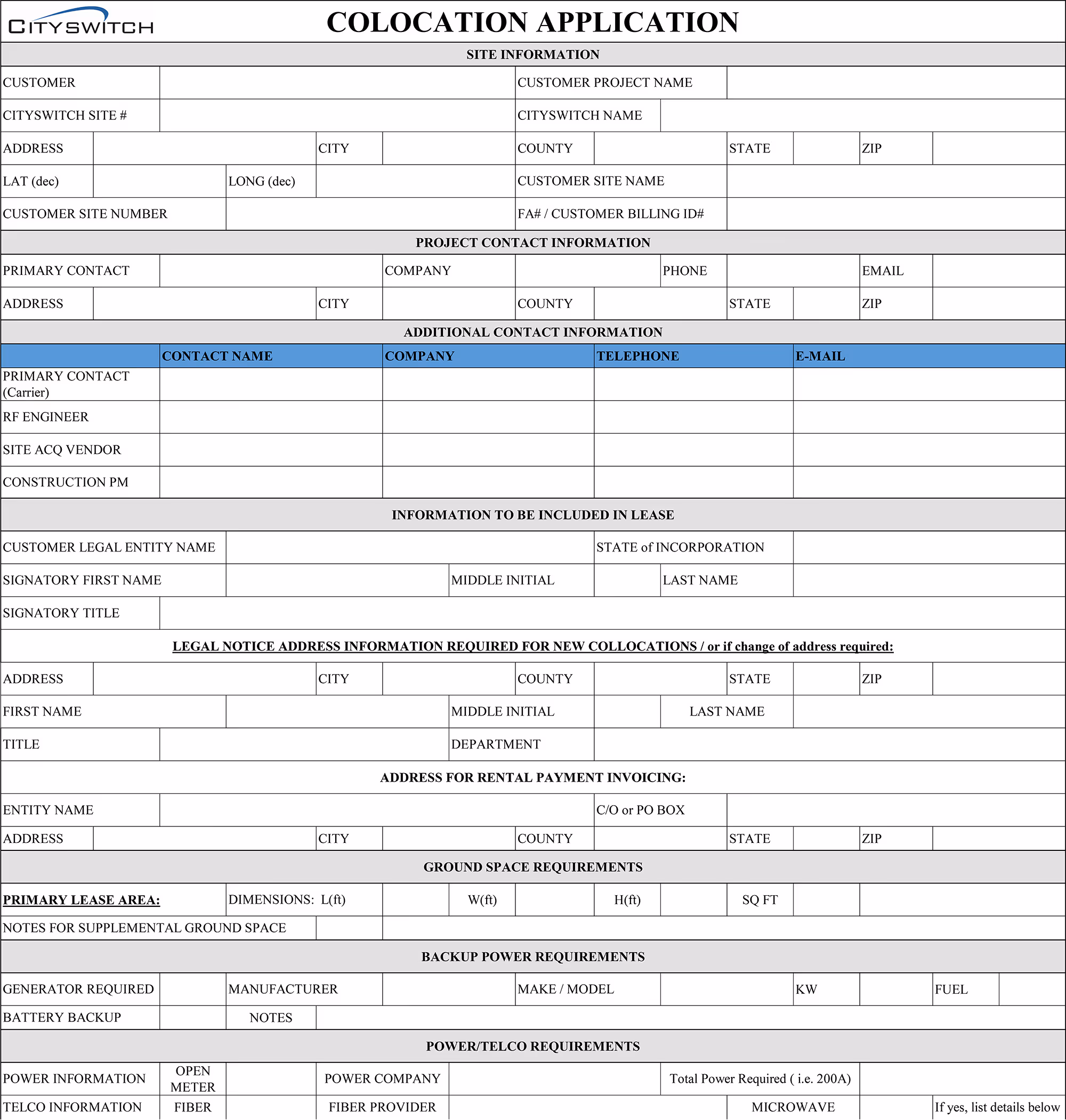 Cityswitch colocation application form with sections for site information, project contact, additional contacts, lease details, legal notice address, rental payment address, ground space, backup power, and power/telco requirements.