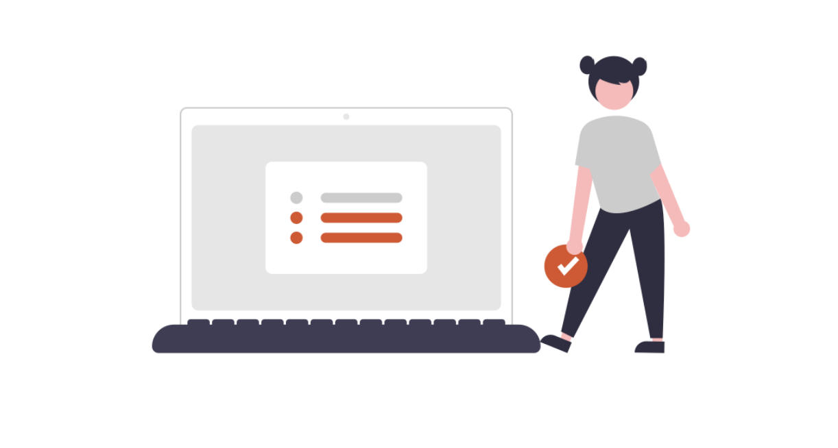 A woman standing next to an LMS features checklist on a computer screen