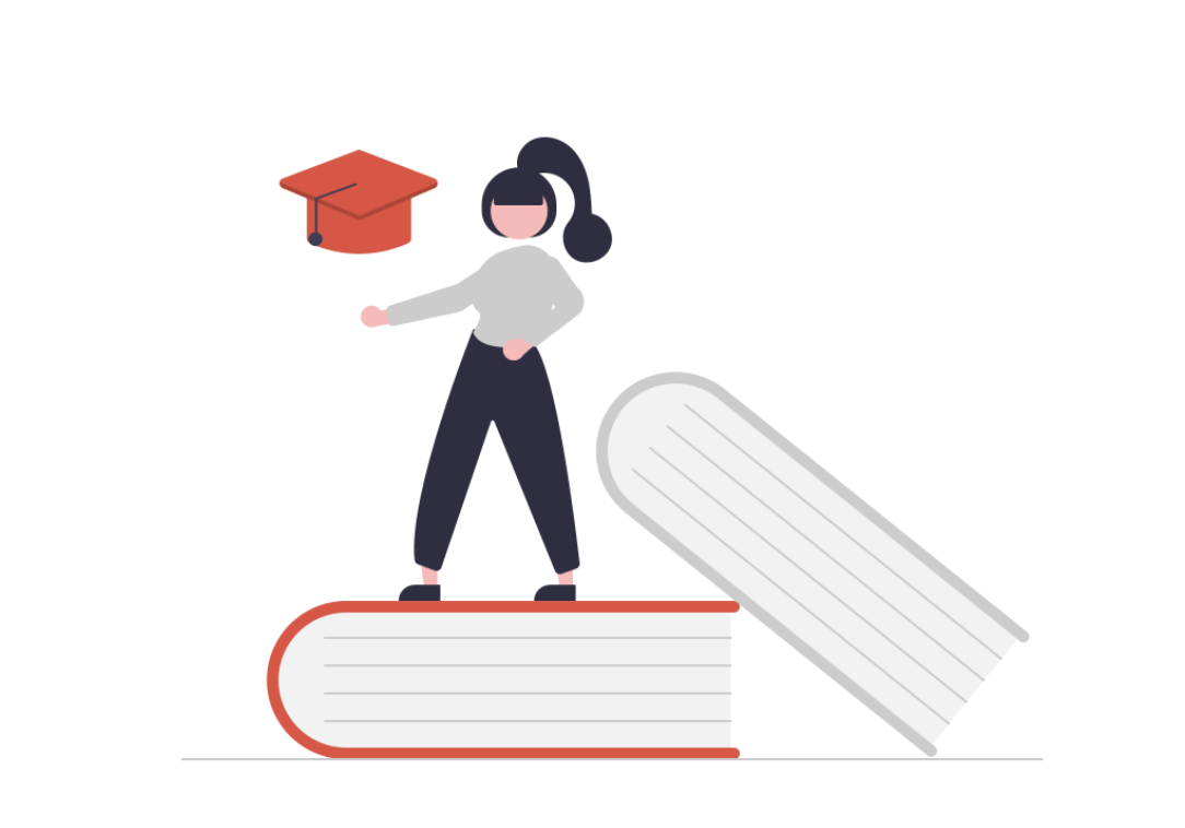 woman involved in the just graduated standing on books