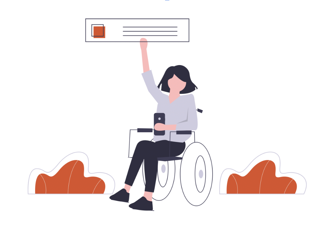 woman in wheelchair holding a cell phone and pointing above her to an online comment