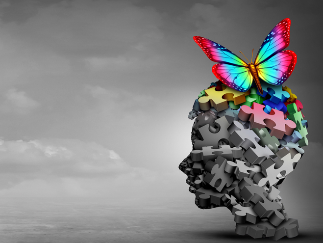 A graphic of a black and white silhouette of a human head. The head is made out of puzzle pieces, and a rainbow butterfly is sitting on top of the head.