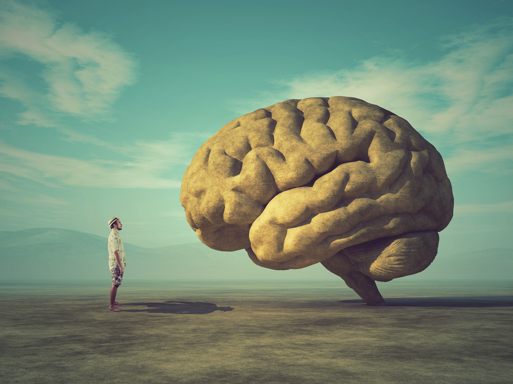 An image of a man staring at a giant brain. The brain is much taller than the man.