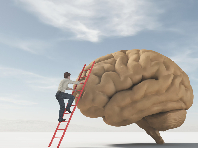 An image of a man climbing a ladder to get on top of at a giant brain. The brain is much taller than the man.