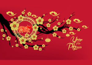 Image of lotus blossom branch with an image of a pig