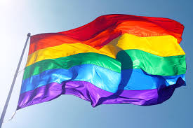 Long Description Image of rainbow colored Pride Flag blowing in the breeze