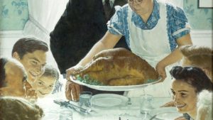 Detail from a Rockwell Print of a woman presenting a turkey to her family seated at the dinner table