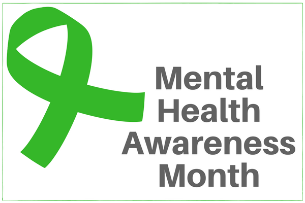 Image of green ribbon and the word, May is Mental Health Awareness Month