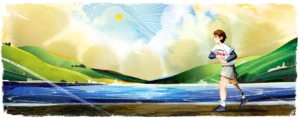 Illustrated image of a man with a prosthetic leg running on a country road passing a blue lake.