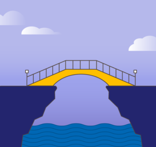 graphic depicting a yellow bridge over water that is connecting two separate cliffs