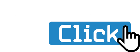 Text logo reading 'Customers Who Click' with the word 'Click' highlighted in a blue box and a hand cursor icon clicking it.
