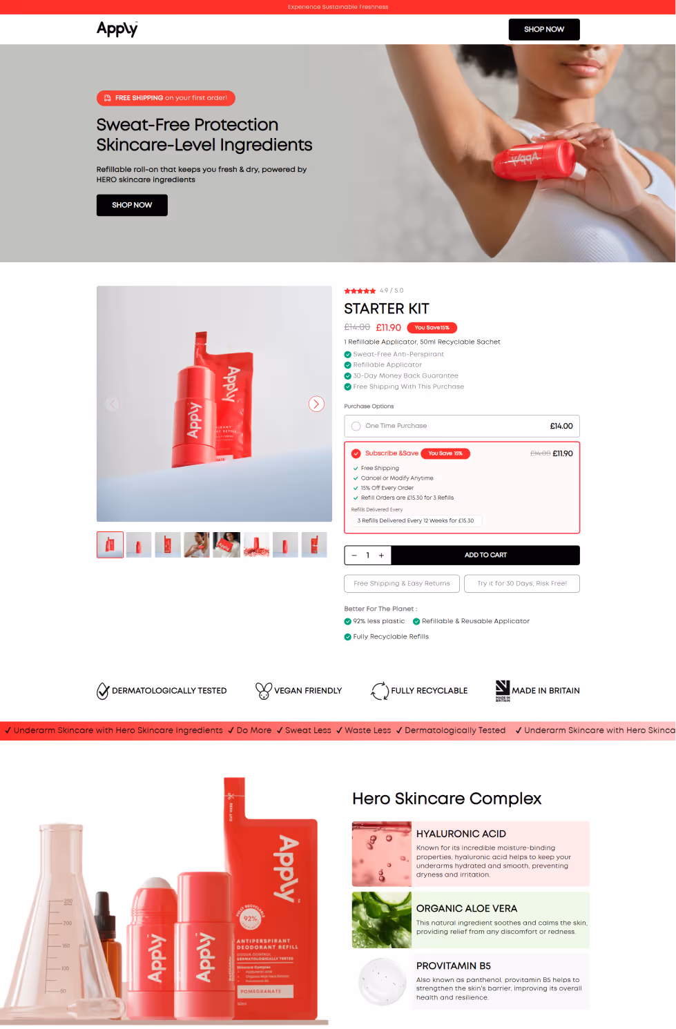 Website layout featuring Apply sweat-free antiperspirant with pricing, product images, and key Hero Skincare Complex ingredients like hyaluronic acid and aloe vera.
