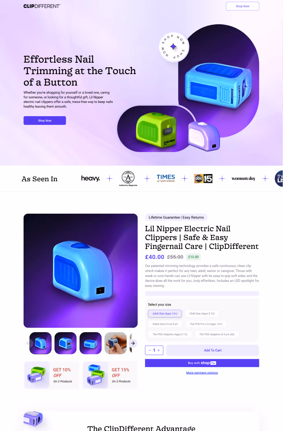 Website page showing electric nail clippers in blue, green, and purple with product details, pricing, and purchase options.