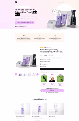 Product page layout showcasing a curly hair care kit with shampoo, conditioner, scalp serum, and other hair tools, alongside product features and pricing details.