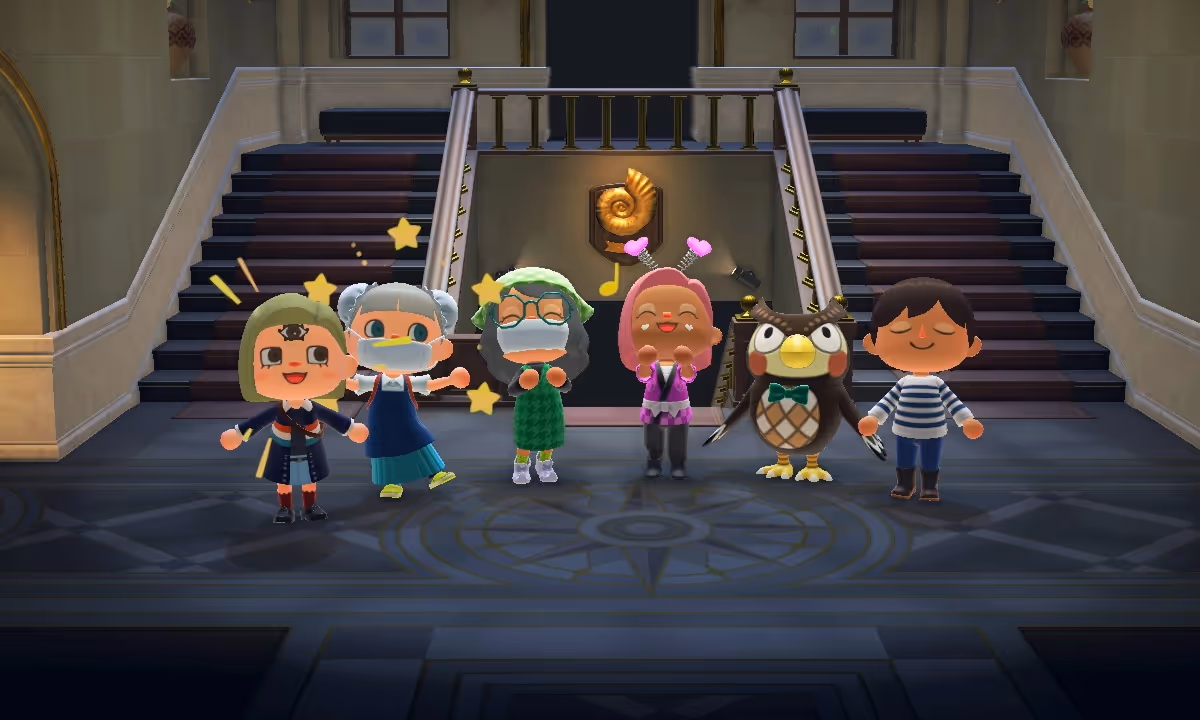 A screenshot from the video game Animal Crossing shows five player characters and the owl character Blathers standing and posing in front of a grand staircase in a museum-like building.