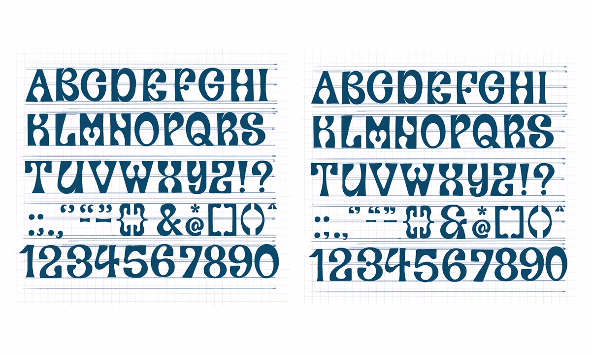 A blue-on-white image shows two versions of the complete character set for the typeface laid out on a grid for comparison, featuring uppercase letters, punctuation, symbols, and numbers.