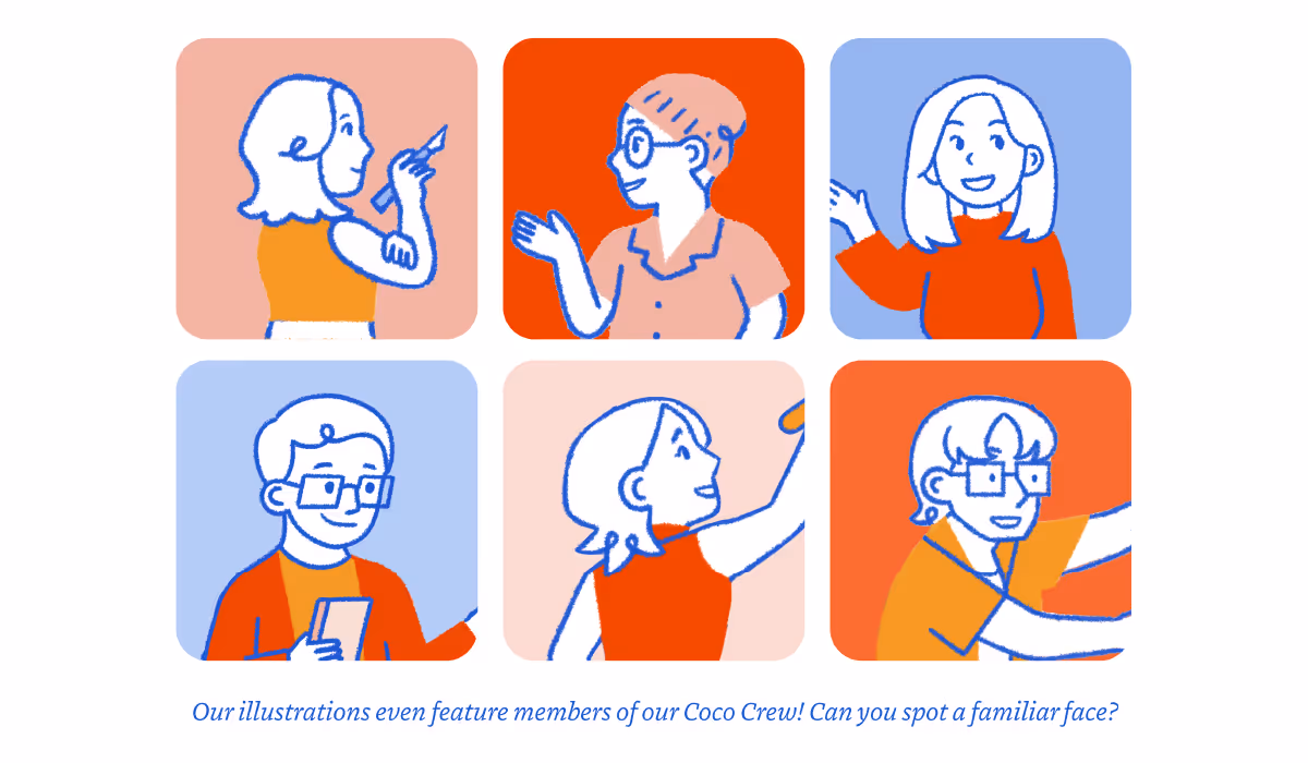 A six-panel grid displays individual cartoon illustrations of members of the "Coco Crew" team in blue, red, and orange line work, with a caption asking if the viewer can spot a familiar face.